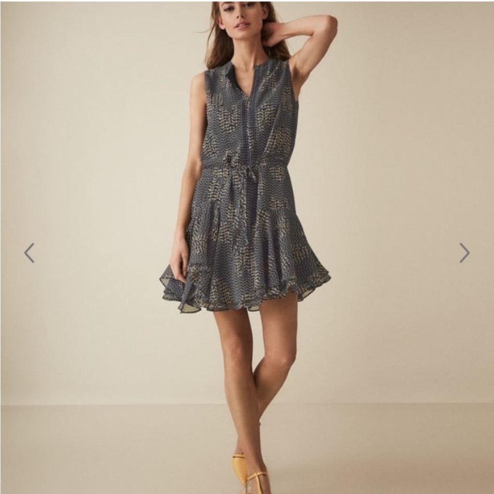 Reiss Stefania Printed Mini Day Dress Navy and Yellow Size 4